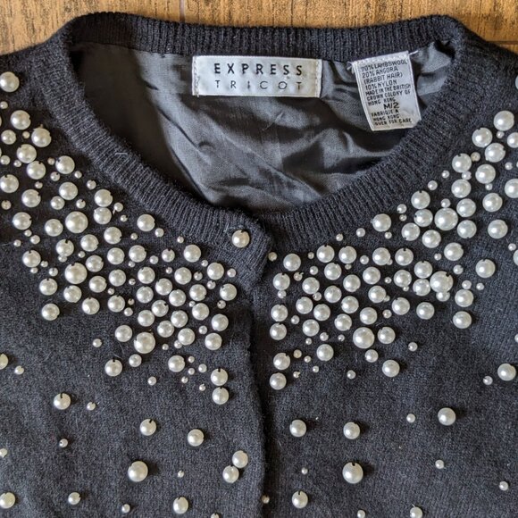 Express Tricot black sweater, White faux pearl trim Made British Crown Hong Kong - Picture 4 of 17